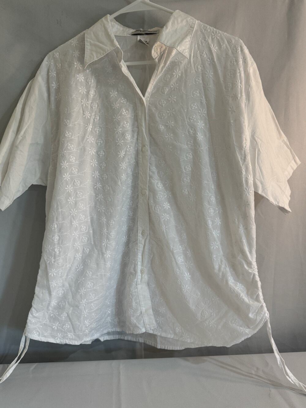 Compliments White Cotton Embroidered Button Down Short Sleeve Top Side Ties 0023